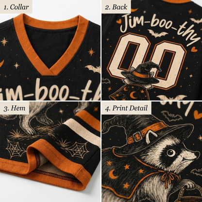 Four-panel product detail collage showing a black V-neck top with orange trim and Halloween-themed graphics: partial front text, back with large '00' and 'Jim-boo-thy', hem with spiderwebs and orange trim, and a raccoon print detail wearing a witch hat.