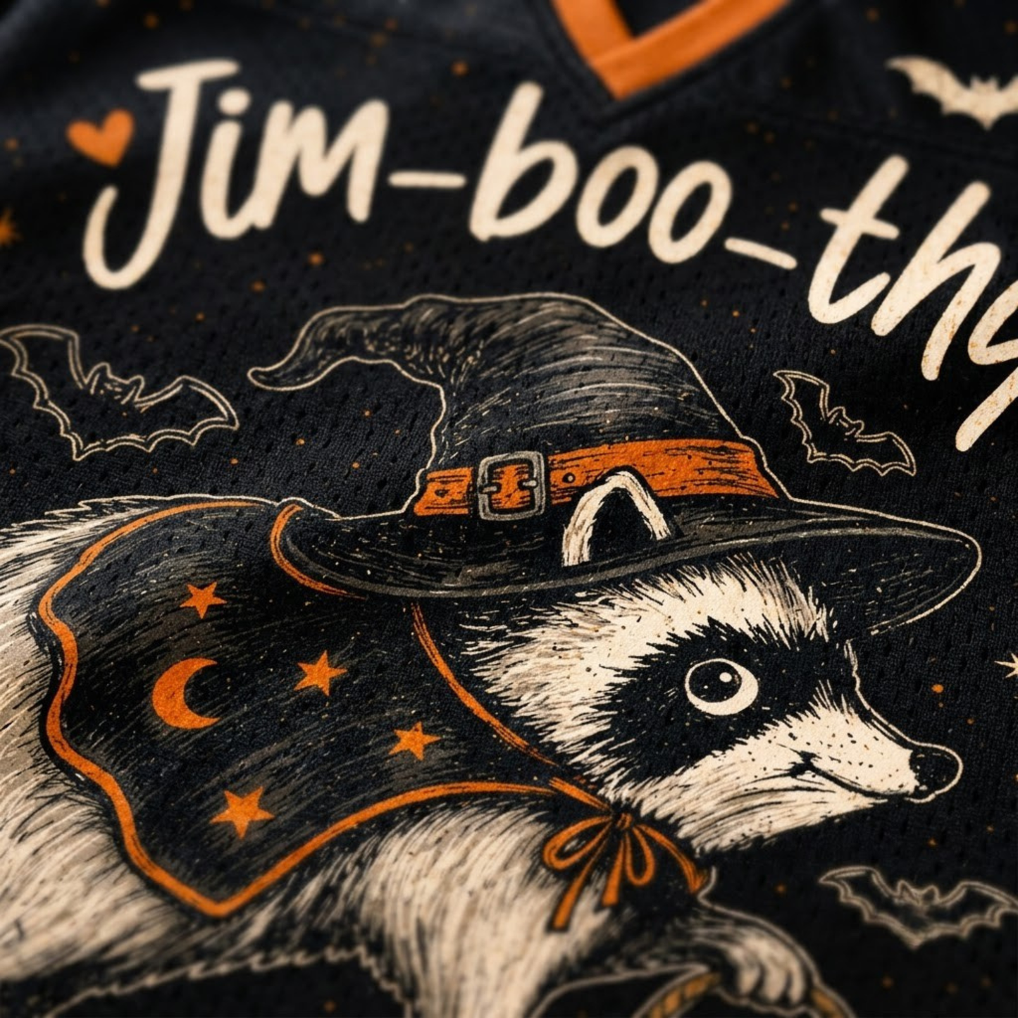 Macro close-up shot of the graphic print on long sleeve jersey fabric, focusing on the high-definition textures of the witch raccoon fur, witch hat buckle, pumpkin bucket, and cobwebs.