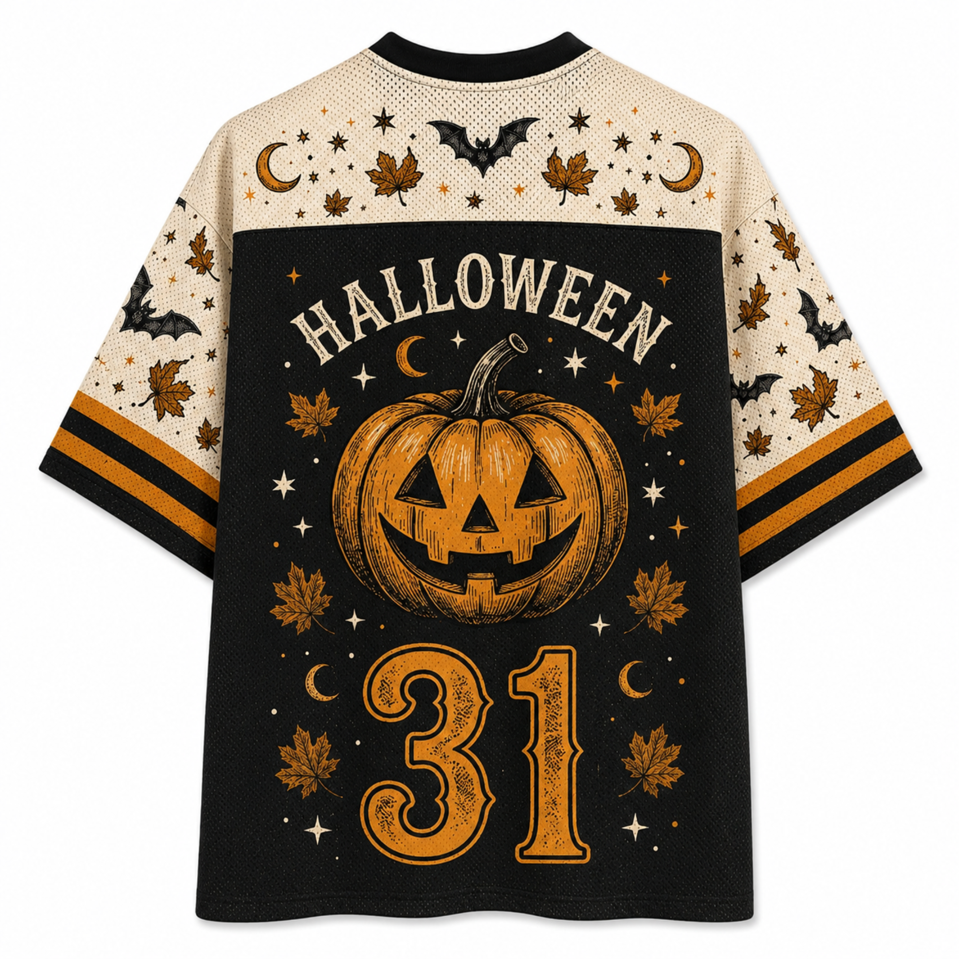 A short-sleeve athletic-style shirt shown from the back, featuring a black center panel with a large carved pumpkin, the word HALLOWEEN, and the number 31 in orange, surrounded by stars, moons, leaves, and bats. The sleeves and upper back are cream with matching Halloween motifs and orange stripe accents.