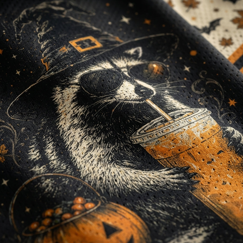 A close-up of a Halloween-themed fabric featuring a raccoon wearing a witch hat and sunglasses, holding an iced coffee with a straw, next to a jack-o'-lantern bucket.