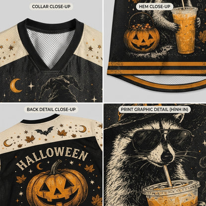 Four-panel product detail collage showing a black and cream V-neck athletic shirt with Halloween graphics: collar close-up, hem close-up, back detail with 'HALLOWEEN' text and pumpkin motif, and a print detail featuring a raccoon wearing sunglasses and holding a drink.