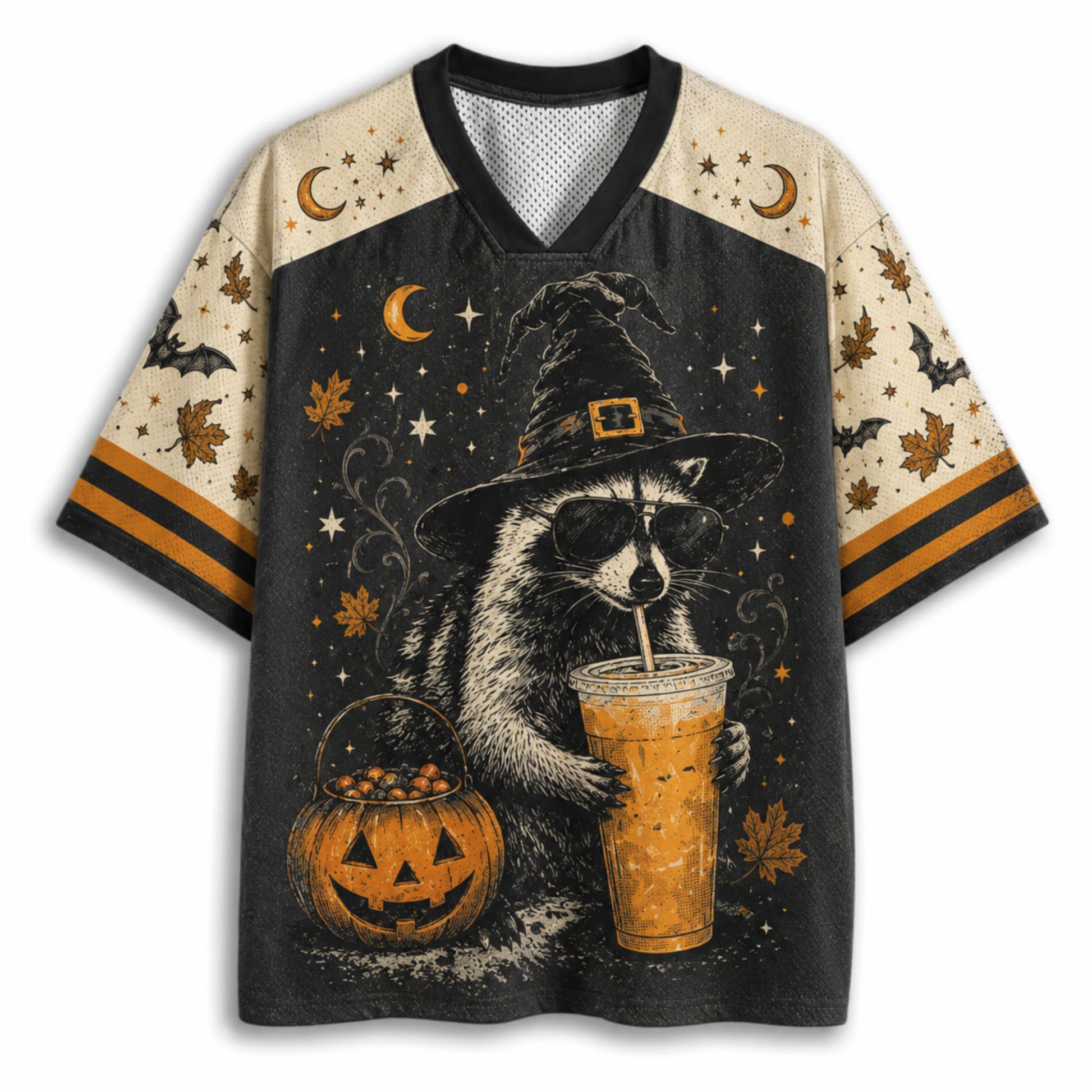 A short-sleeve V-neck t-shirt featuring a Halloween-themed graphic print of a raccoon in a witch hat holding an iced drink next to a jack-o'-lantern, with beige sleeves and a black body.