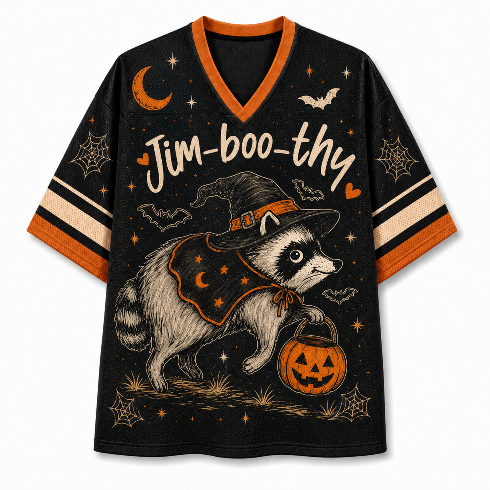 A black V-neck athletic-style T-shirt with orange trim and striped sleeves, featuring a large Halloween graphic of a raccoon in a witch hat holding a jack-o'-lantern, with stars, bats, spiderwebs, and the text 'Jim-boo-thy' across the front.