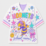 A white short-sleeve V-neck t-shirt with a colorful school-themed graphic print featuring a hornet, stars, flowers, and the text 'HORNETS' and 'school name'.