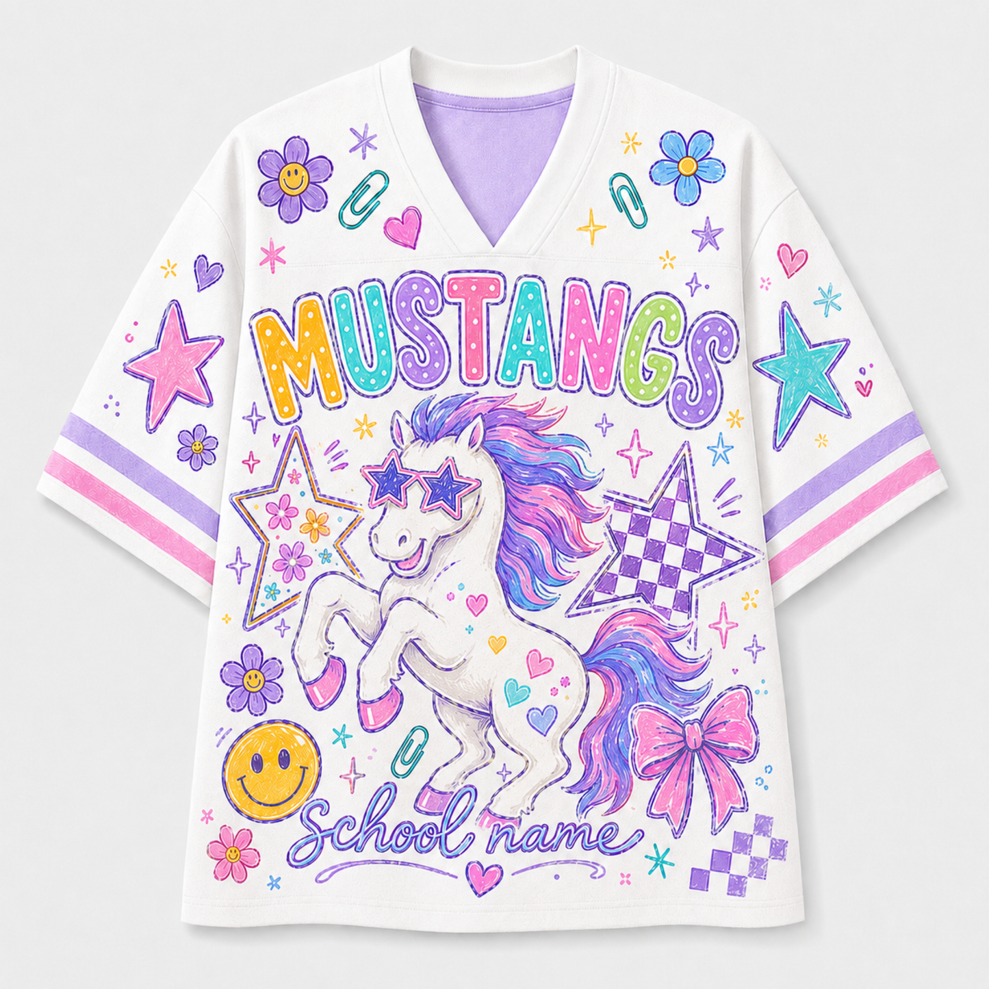 A white V-neck short-sleeve t-shirt with colorful graphic prints, including a white mustang with a purple and blue mane, the word 'MUSTANGS' in rainbow letters, stars, hearts, and the text 'School name'.