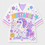A white V-neck short-sleeve t-shirt with colorful graphic prints, including a white mustang with a purple and blue mane, the word 'MUSTANGS' in rainbow letters, stars, hearts, and the text 'School name'.