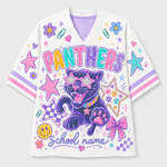 A white V-neck t-shirt with a colorful graphic print featuring a purple panther, pink bows, stars, and the text 'PANTHERS' and 'School name'.
