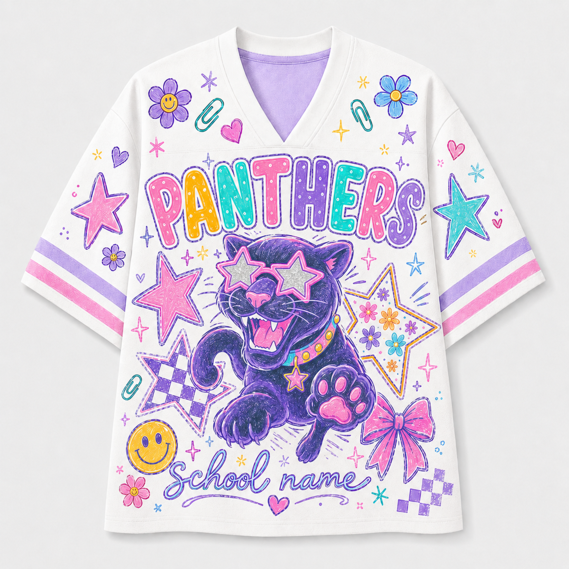 A white V-neck t-shirt with a colorful graphic print featuring a purple panther, pink bows, stars, and the text 'PANTHERS' and 'School name'.