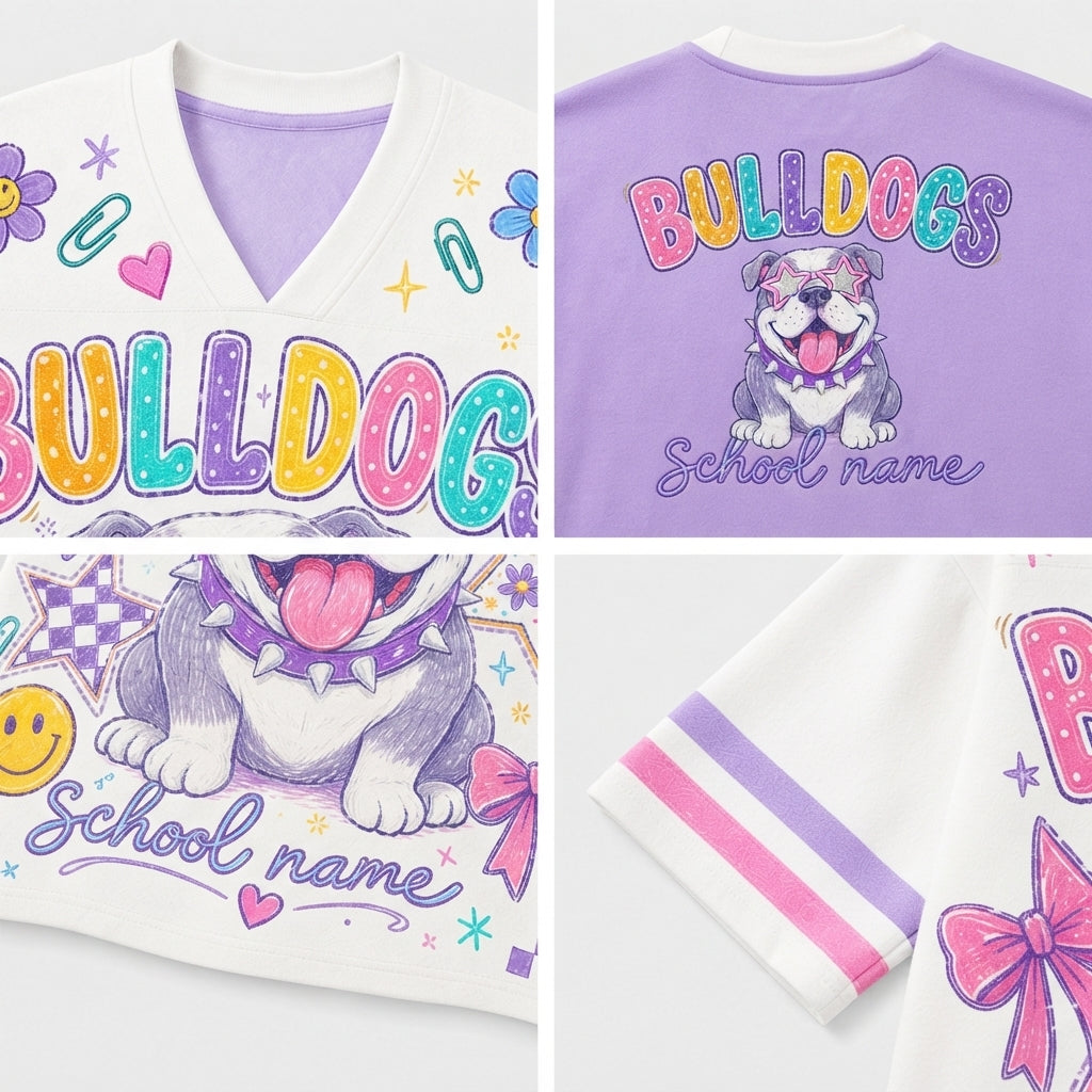 A four-panel product collage showing a V-neck graphic T-shirt from the front, back, and sleeve details. The shirt features colorful 'BULLDOG' lettering, a bulldog illustration, 'School name' text, and pastel purple and pink striped sleeve accents.