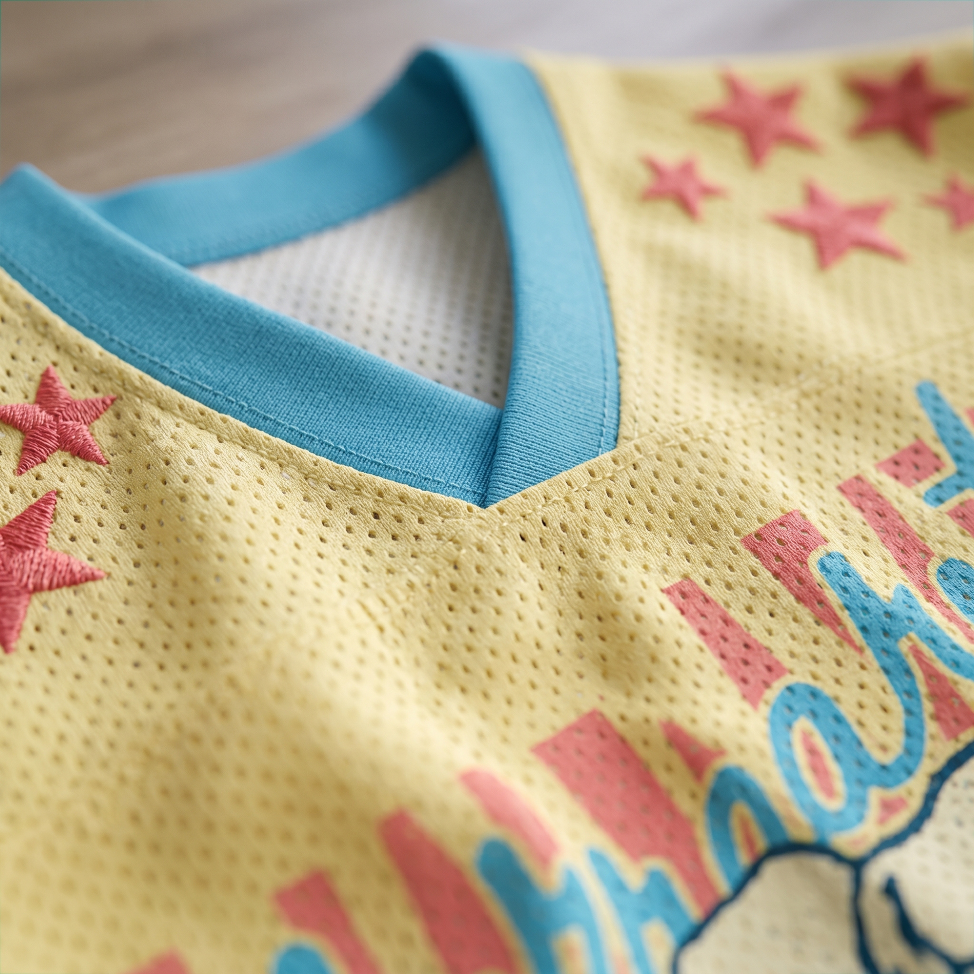 Close-up of the premium blue ribbed V-neck collar and star embroidery on the shoulder of the yellow ChaoticClub summer jersey.