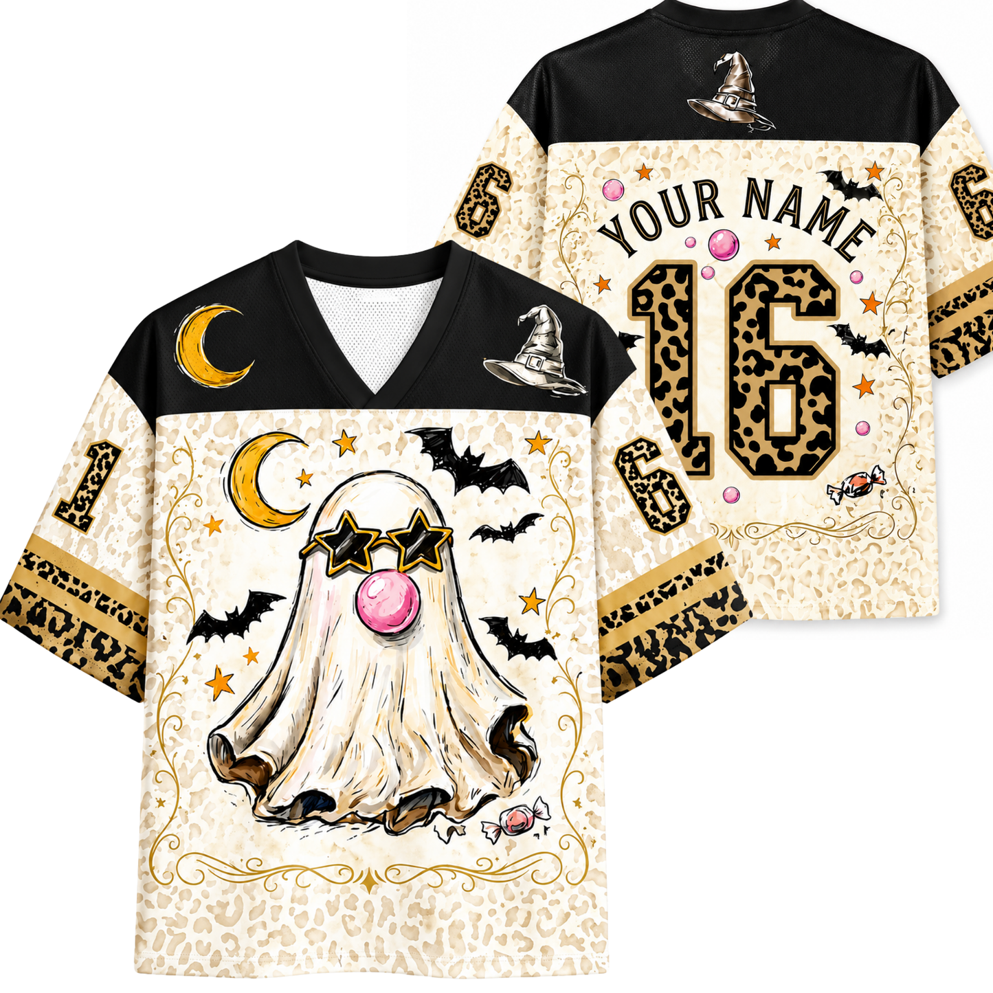 ChaoticClub Bubblegum Ghost Leopard Halloween jersey front and back view featuring a cute ghost with star sunglasses blowing bubblegum, flying bats, and custom name text on cream mesh fabric.