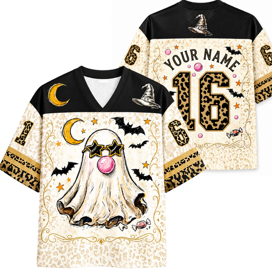 ChaoticClub Bubblegum Ghost Leopard Halloween jersey front and back view featuring a cute ghost with star sunglasses blowing bubblegum, flying bats, and custom name text on cream mesh fabric.