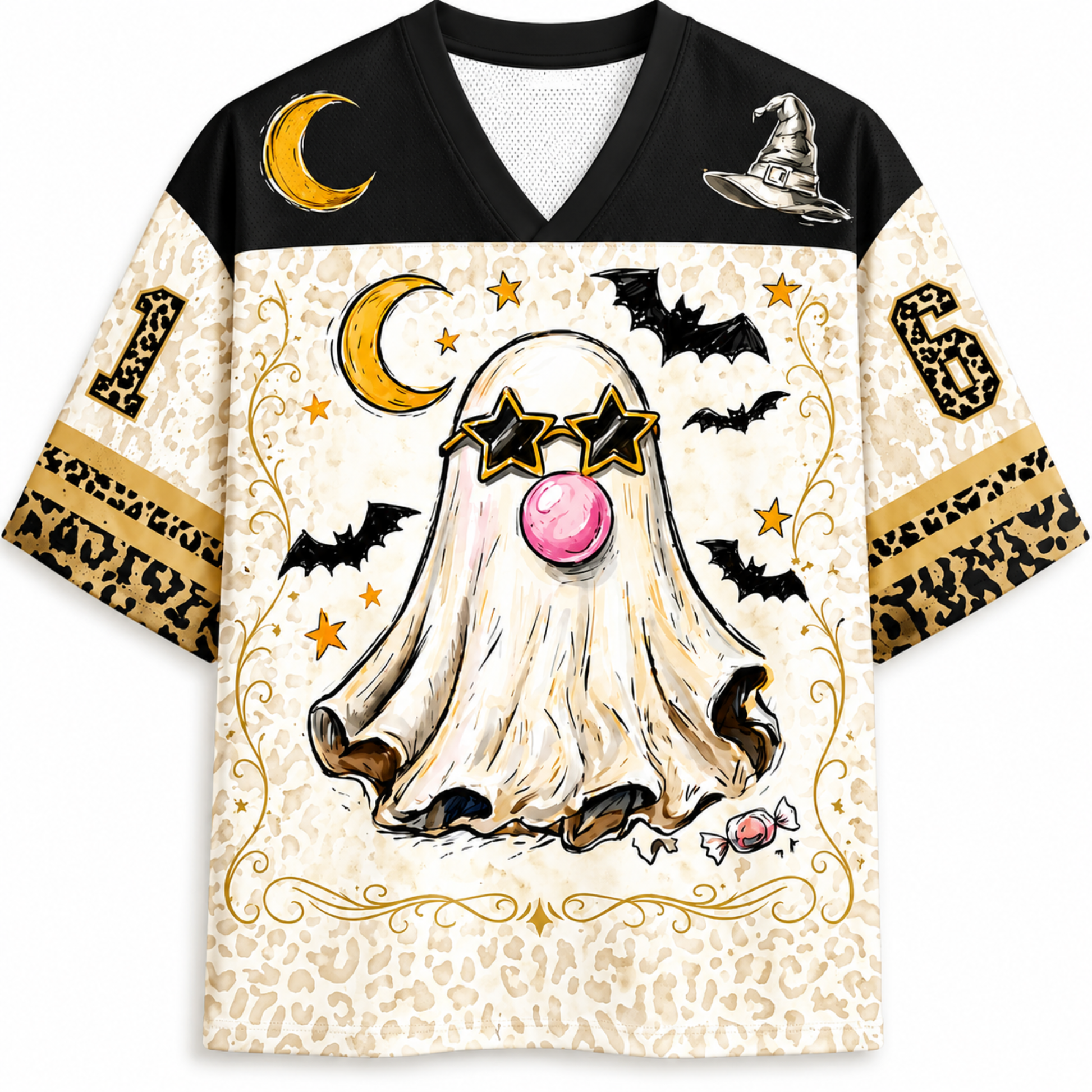 Halloween-themed shirt with ghost, moon, and bats design on a white background