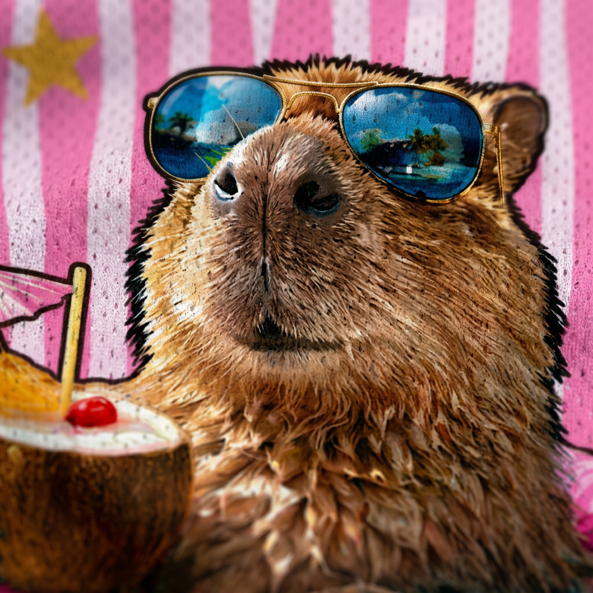 Extreme close-up of a high-definition capybara graphic wearing aviator sunglasses reflecting a tropical beach scene, holding a coconut cocktail with a pink umbrella, printed on a pink striped mesh jersey from ChaoticClub.
