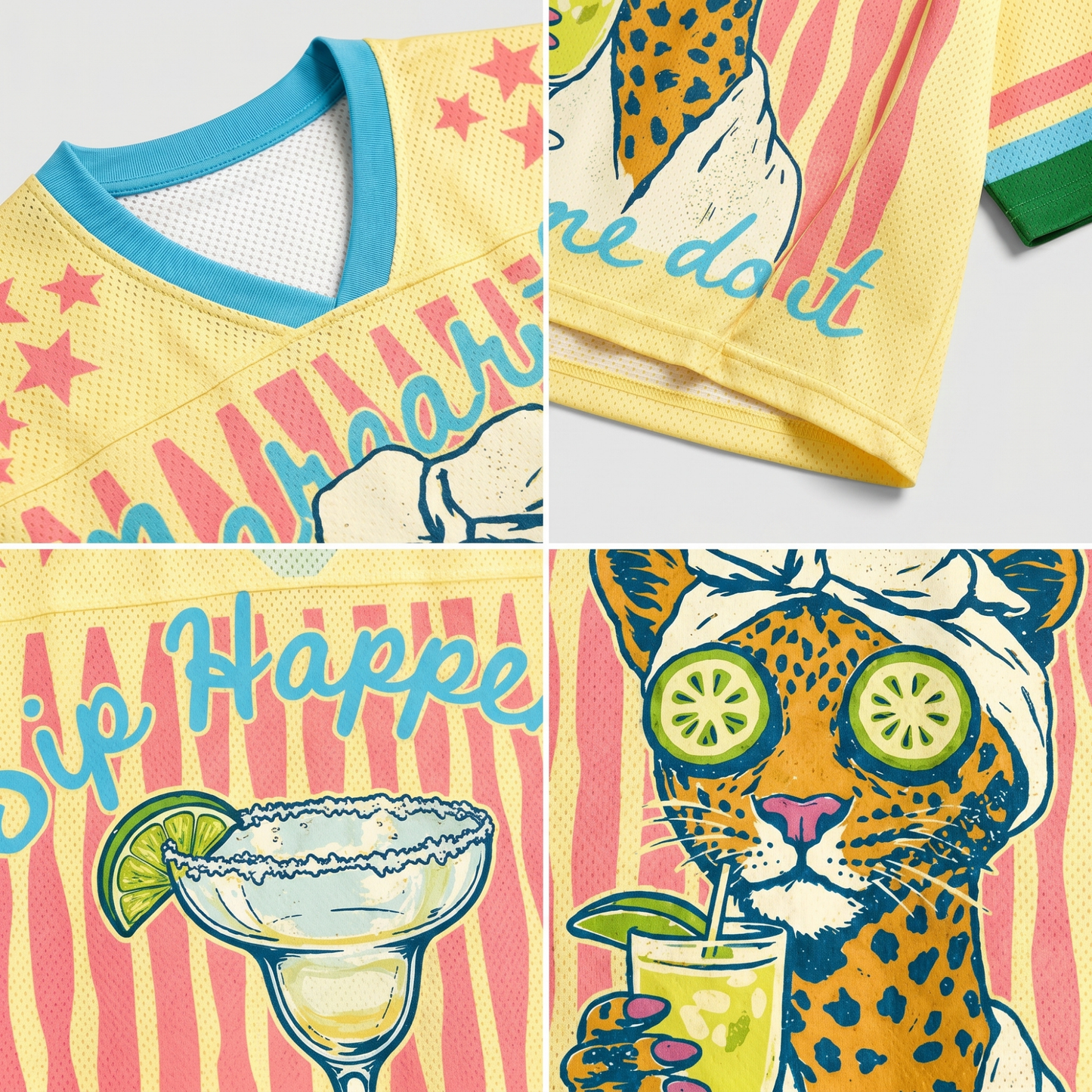 A collage showing the blue V-neck collar, sleeve stripes, and high-quality "Margaritas" graphic print on the ChaoticClub summer jersey.