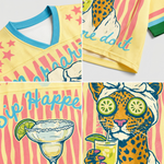 A collage showing the blue V-neck collar, sleeve stripes, and high-quality "Margaritas" graphic print on the ChaoticClub summer jersey.
