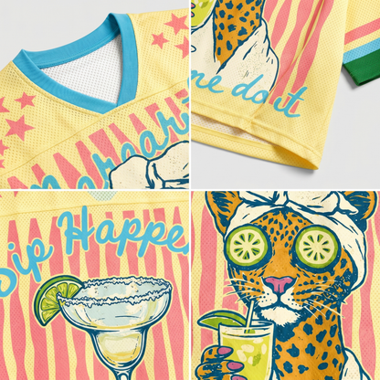 A collage showing the blue V-neck collar, sleeve stripes, and high-quality "Margaritas" graphic print on the ChaoticClub summer jersey.