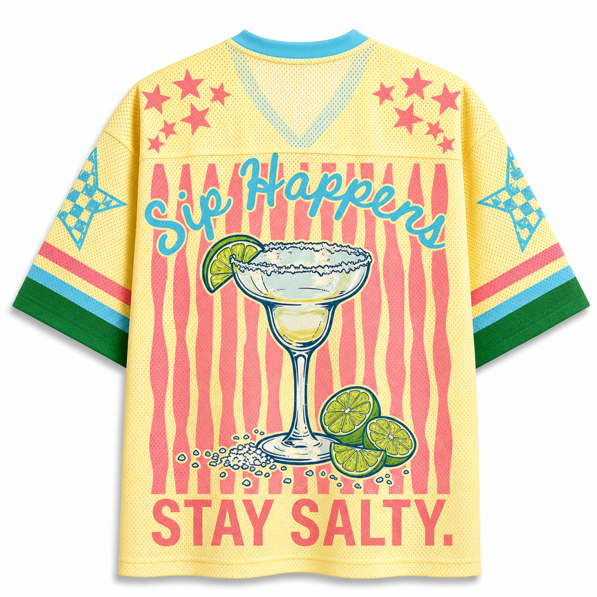 Back view of the yellow mesh jersey featuring the "Sip Happens - Stay Salty" slogan with a margarita glass graphic and pink star accents.