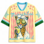 Front view of the yellow "Margaritas made me do it" jersey with a graphic of a leopard wearing a spa towel and cucumber eye masks, designed for a relaxed streetwear fit.
