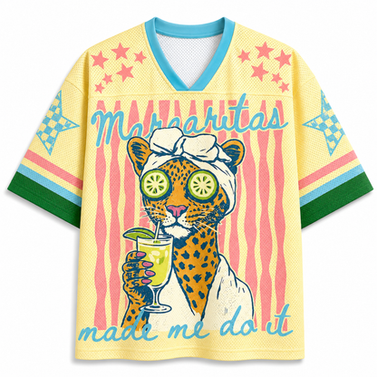 Front view of the yellow "Margaritas made me do it" jersey with a graphic of a leopard wearing a spa towel and cucumber eye masks, designed for a relaxed streetwear fit.