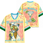 Front and back view of the ChaoticClub Cheetah Summer Jersey in yellow, featuring a leopard spa graphic, "Margaritas made me do it" text, and a vibrant tropical aesthetic in breathable mesh fabric.