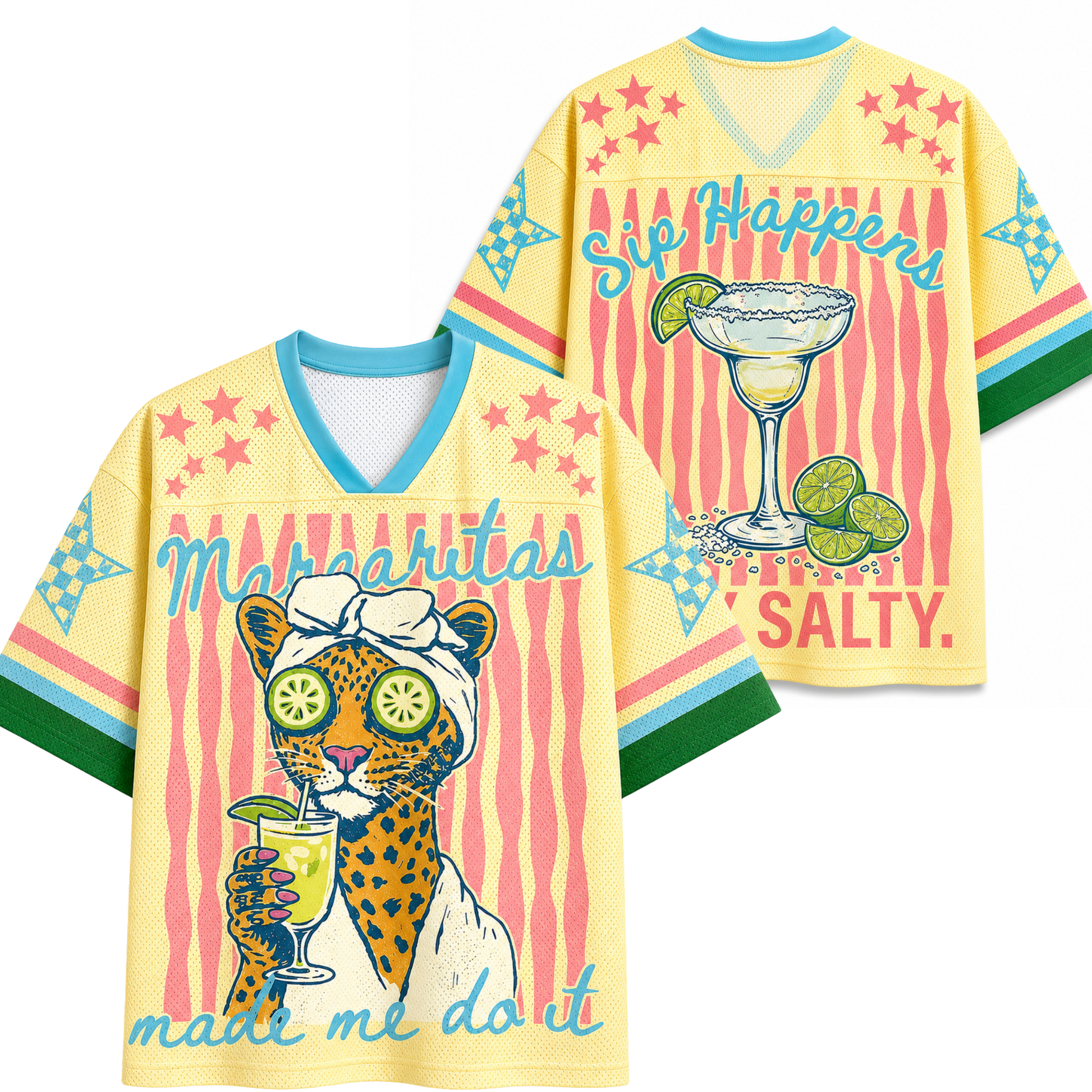 Front and back view of the ChaoticClub Cheetah Summer Jersey in yellow, featuring a leopard spa graphic, "Margaritas made me do it" text, and a vibrant tropical aesthetic in breathable mesh fabric.
