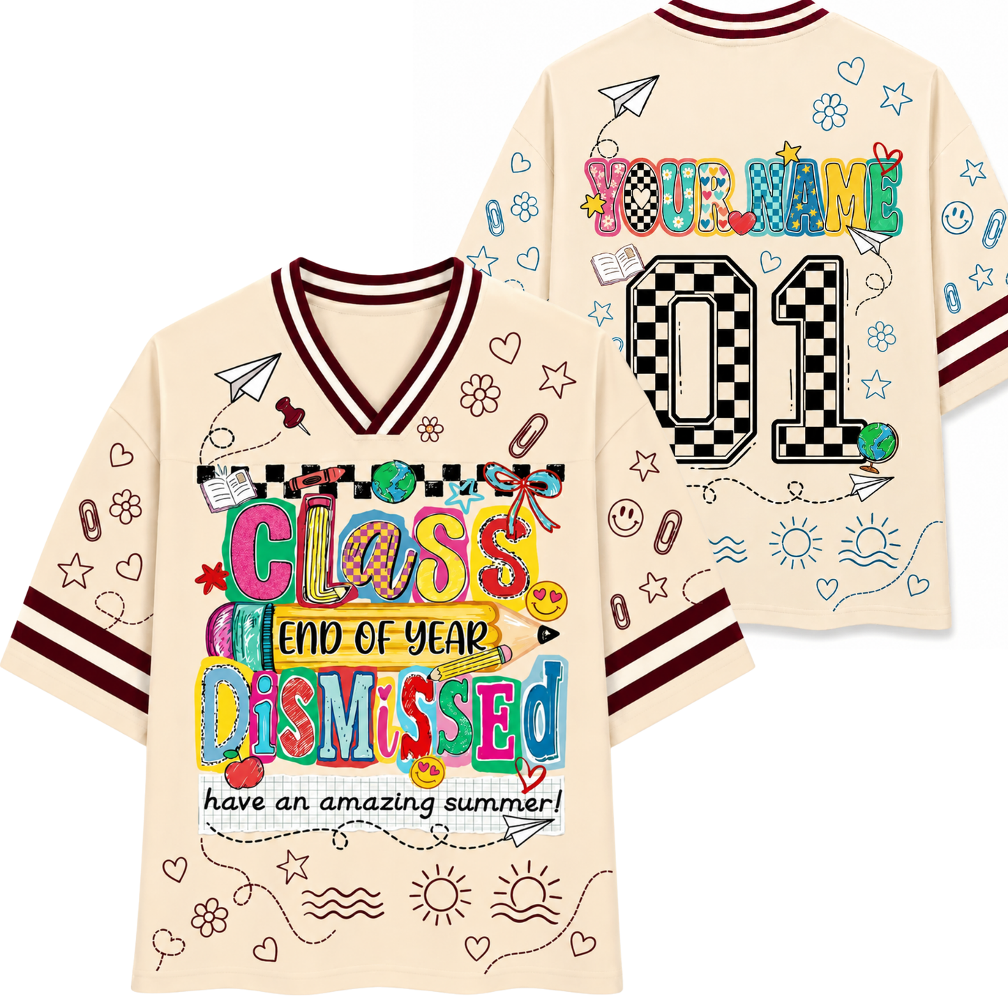 ChaoticClub Class Dismissed Teacher Mesh Jersey front and back view featuring colorful retro doodles, "have an amazing summer" quote, and custom name 01.