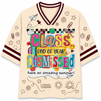 ChaoticClub Class Dismissed Teacher Mesh Jersey front and back view featuring colorful retro doodles, "have an amazing summer" quote, and custom name 01.