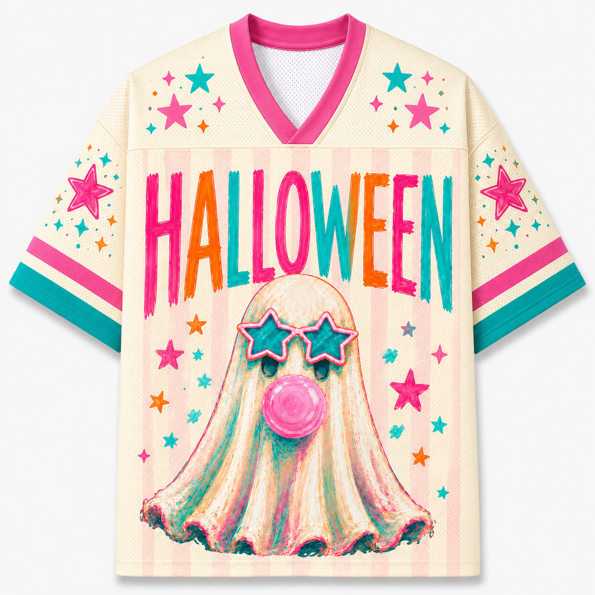 ChaoticClub Colorful Ghost Bubblegum Halloween Mesh Jersey front and back view featuring a cute sheet ghost blowing pink bubblegum and rainbow stripe number 31.