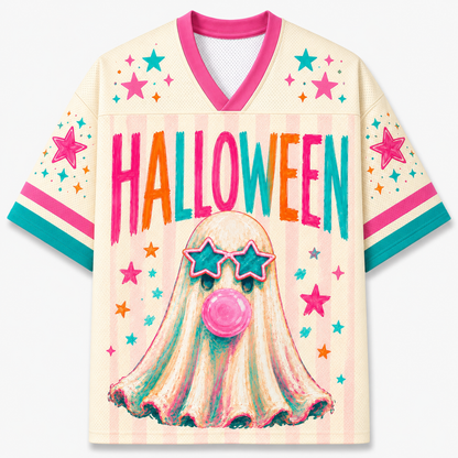ChaoticClub Colorful Ghost Bubblegum Halloween Mesh Jersey front and back view featuring a cute sheet ghost blowing pink bubblegum and rainbow stripe number 31.