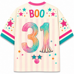 ChaoticClub ghost Halloween sports jersey back view highlighting rainbow textured BOO text and tie-dye style number 31 on cream stripes.