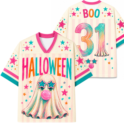 ChaoticClub colorful bubblegum ghost Halloween jersey front view showing a pink V-neck collar, neon pastel stars, and a cute ghost character.
