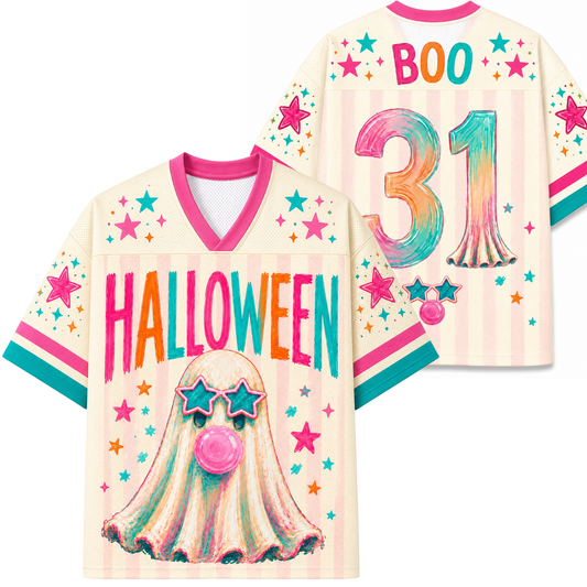ChaoticClub colorful bubblegum ghost Halloween jersey front view showing a pink V-neck collar, neon pastel stars, and a cute ghost character.