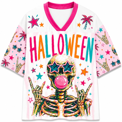 ChaoticClub skeleton Halloween sports jersey back view featuring a spine graphic view, tropical palm trees, and colorful SPOOKY SEASON text.