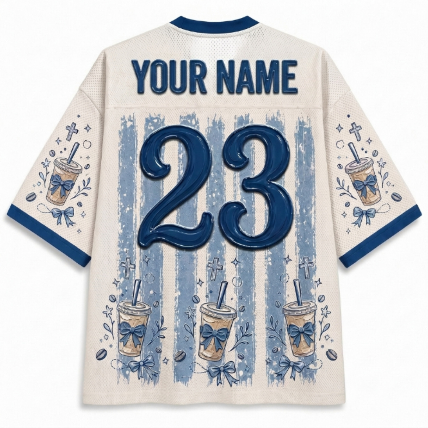 Back view of a customizable cream-colored jersey with blue trim, featuring a large blue number 23, 'YOUR NAME' text, and blue-and-white striped coffee cup graphics.