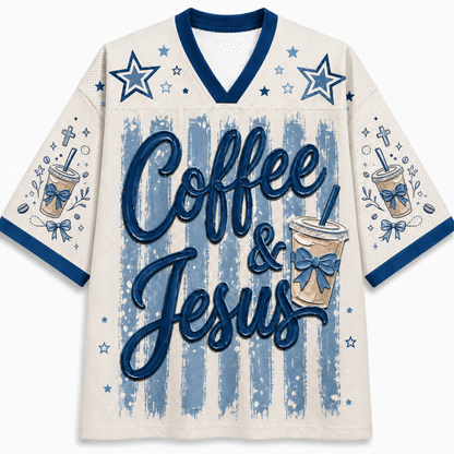 A cream-colored mesh football-style jersey with blue trim, featuring the words 'Coffee & Jesus' in large blue script over a distressed blue-and-white striped background, decorated with blue stars and coffee cup illustrations on the sleeves.