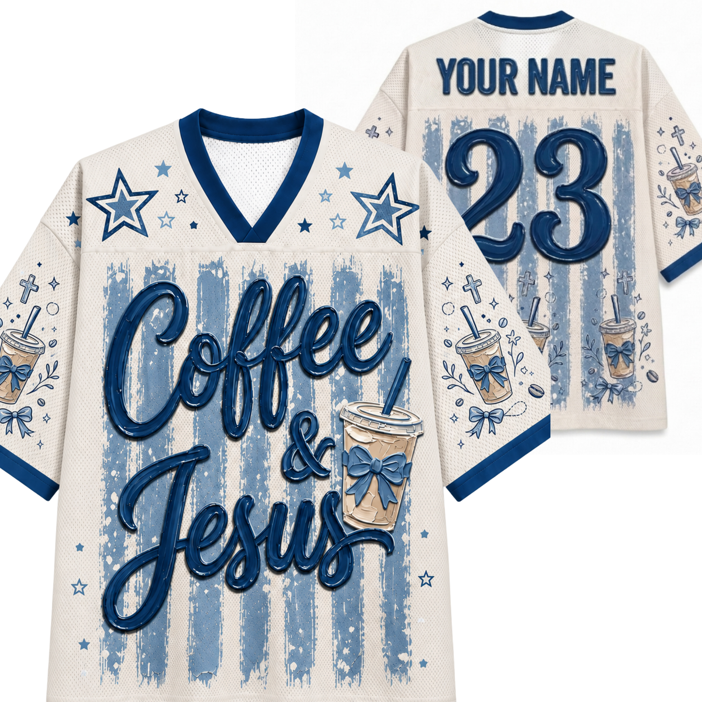 A custom sports jersey shown from both front and back. The jersey has an off-white mesh body with blue trim, featuring 'Coffee & Jesus' in blue script on the front, blue stars, a coffee cup graphic, and 'YOUR NAME 23' on the back.