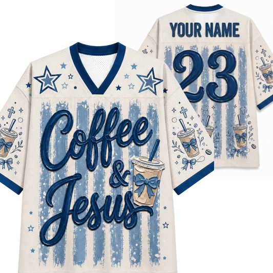 A custom sports jersey shown from both front and back. The jersey has an off-white mesh body with blue trim, featuring 'Coffee & Jesus' in blue script on the front, blue stars, a coffee cup graphic, and 'YOUR NAME 23' on the back.