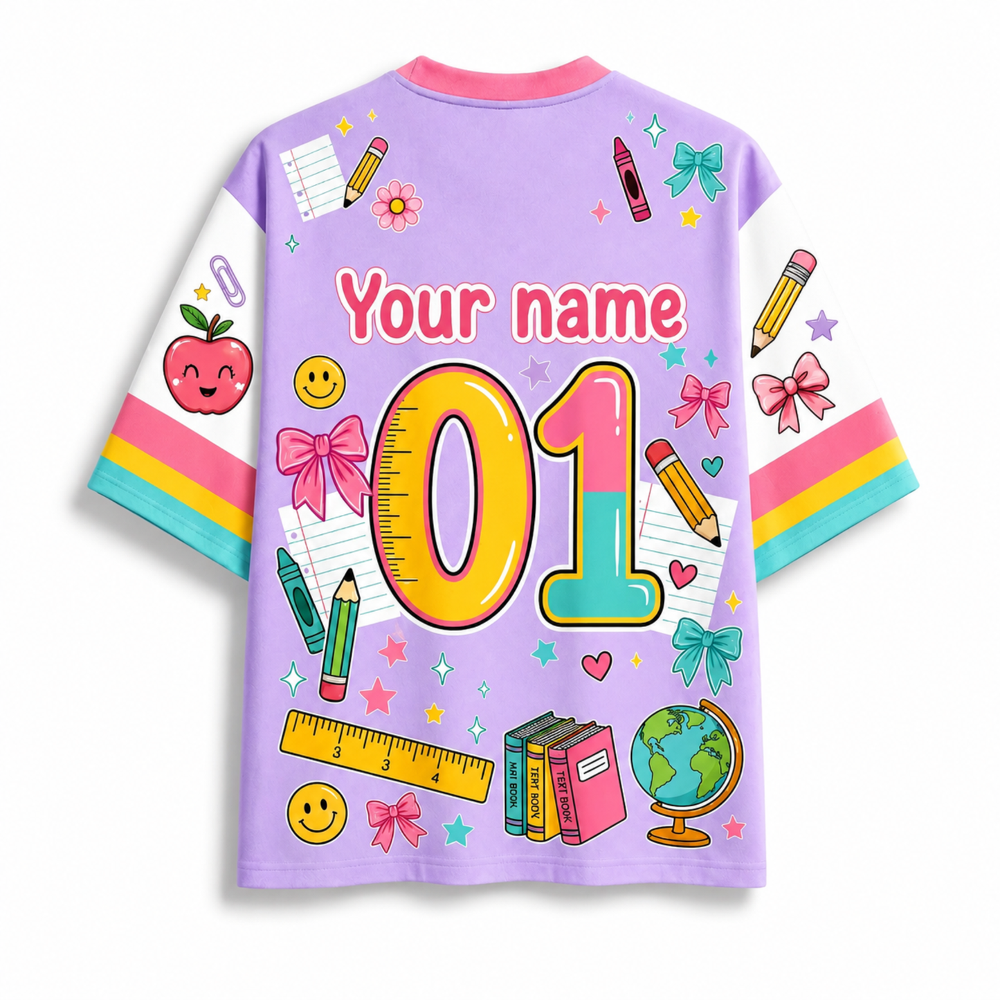 A light purple short-sleeve t-shirt with a colorful school-themed graphic print on the back. The design features a customizable text placeholder 'Your name' above large numbers '01' in yellow and teal, surrounded by illustrations of pencils, books, a globe, smiley faces, bows, and a ruler.