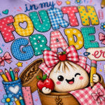 A colorful illustrated design celebrating a child's fourth birthday with the text 'in my FOURTH GRADE' in patchwork-style letters. A cute dumpling character wearing a red-and-white bow sits in a bamboo basket holding an apple, with pencils, flowers, and other school-themed doodles around it on a lavender background.