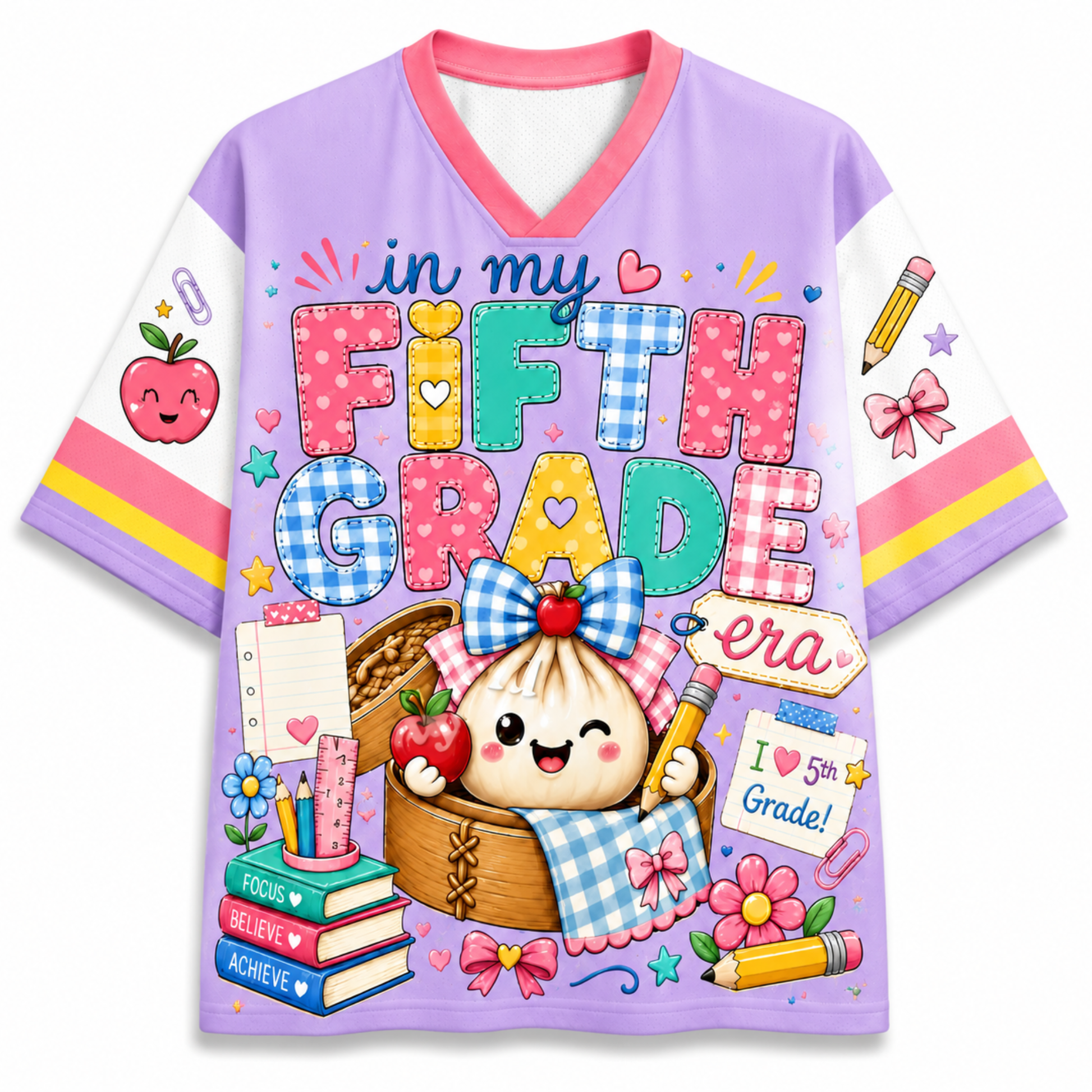 A purple V-neck t-shirt with a colorful cartoon graphic celebrating 'Fifth Grade'. The design features a cute dumpling character in a basket, books, apples, and school supplies, with the text 'in my FIFTH GRADE era'.