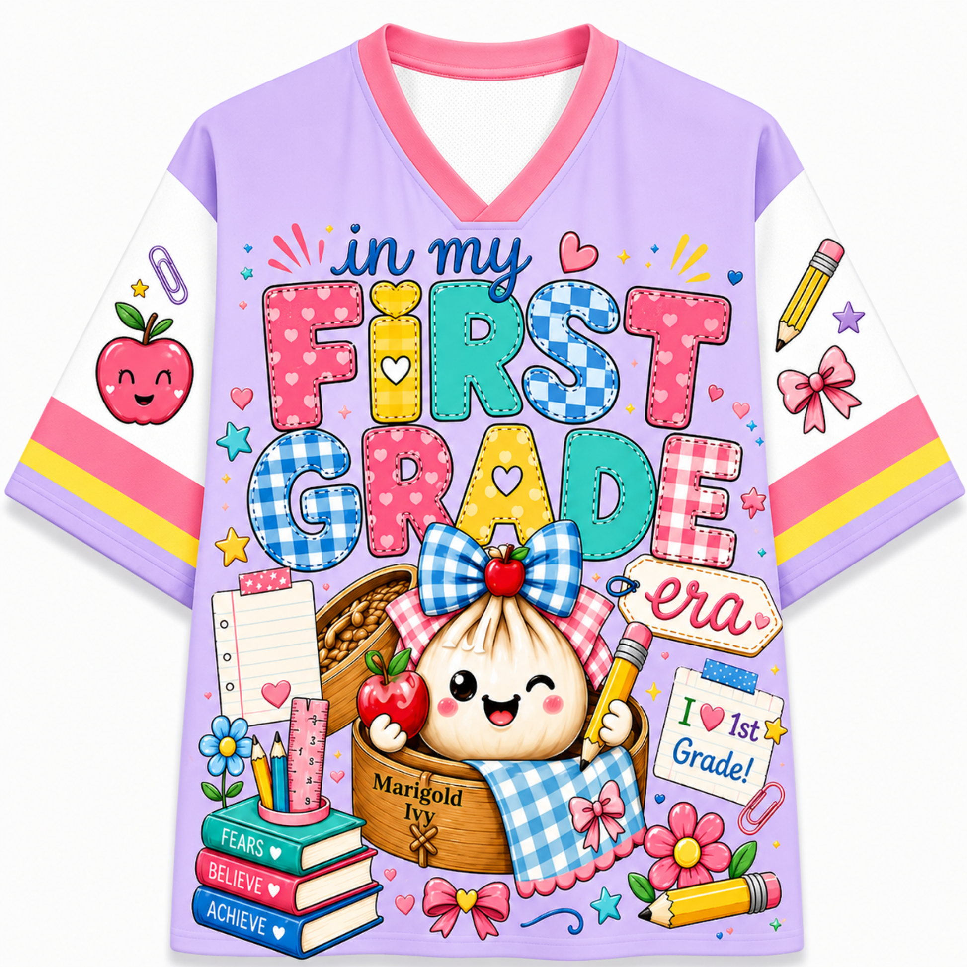 A short-sleeve V-neck t-shirt with a light purple body, white sleeves, and a colorful cartoon graphic celebrating a child's first grade. The graphic features a cute character in a basket, books, apples, stars, and the text 'in my FIRST GRADE era' .