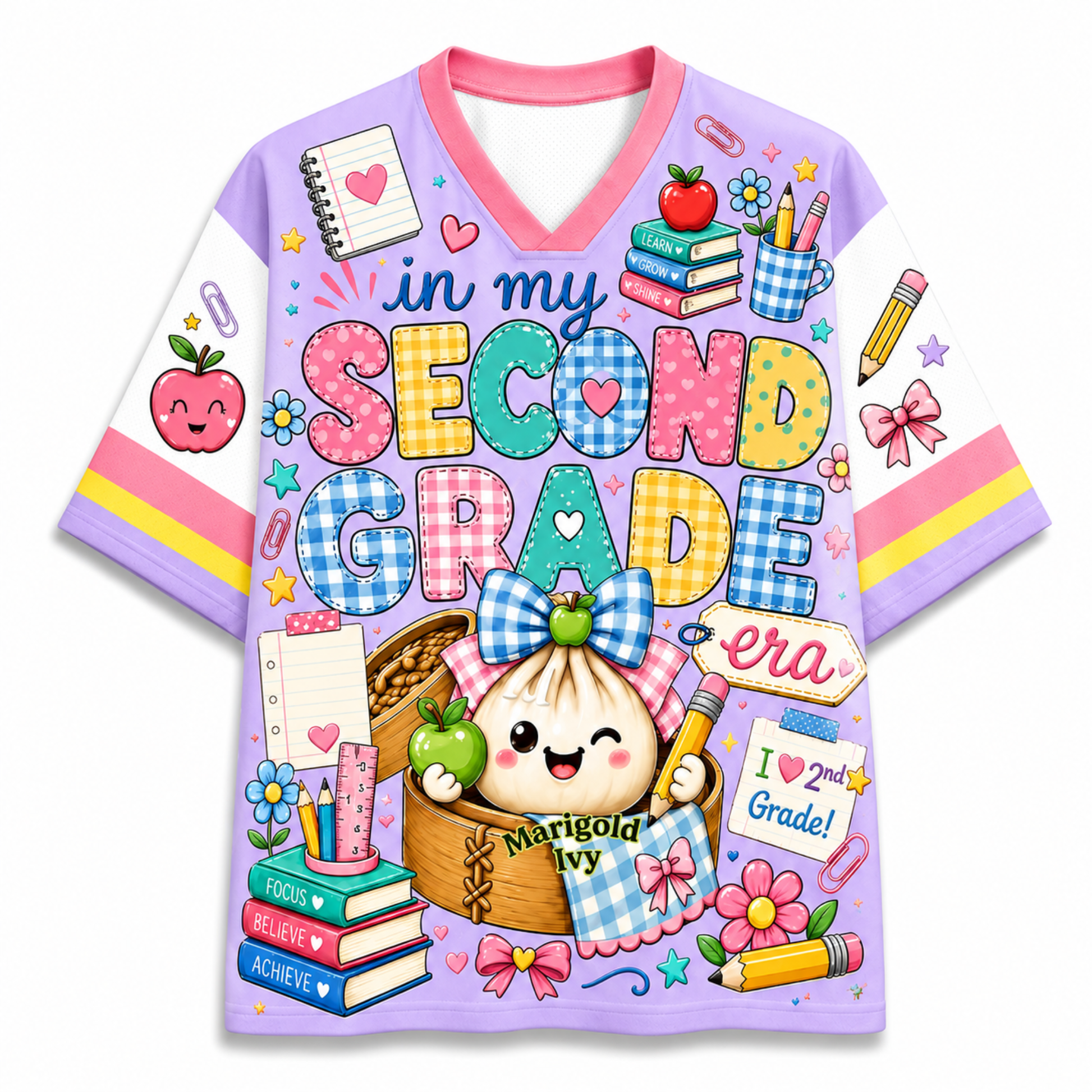A short-sleeve V-neck t-shirt with a colorful school-themed graphic print. The design features the text 'in my SECOND GRADE era' in playful, multicolored bubble letters, surrounded by cute illustrations of a cartoon dumpling character, books, apples, and school supplies.
