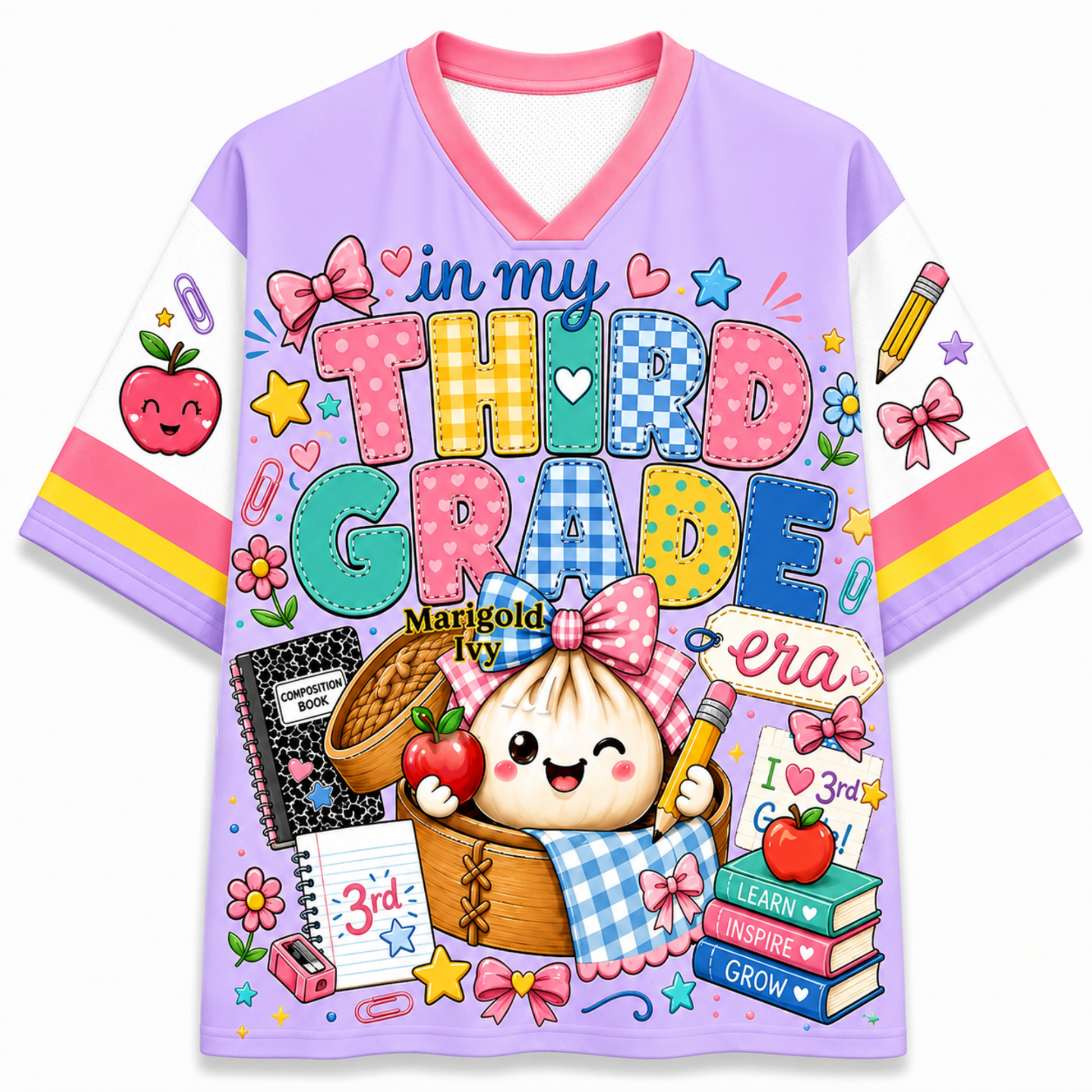 A short-sleeve V-neck t-shirt with a light purple body, white sleeves, and a colorful cartoon school-themed graphic on the front. The graphic features the text 'in my THIRD GRADE' with a cute dumpling character holding an apple and pencil, surrounded by school items like books, notebooks, and stars.