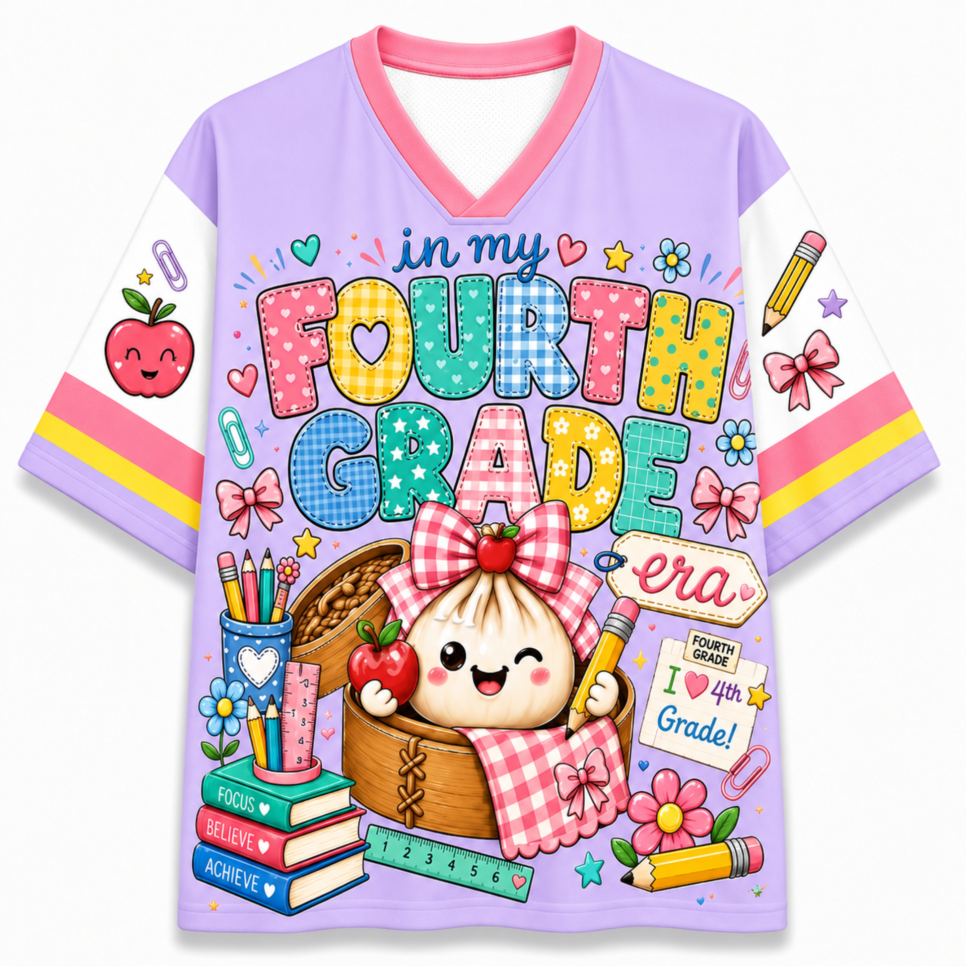 A short-sleeve V-neck t-shirt with a colorful 'I in my FOURTH GRADE era' graphic on the front, featuring cute cartoon illustrations of a dumpling, apples, books, and school supplies on a pastel purple, white, and pink background.