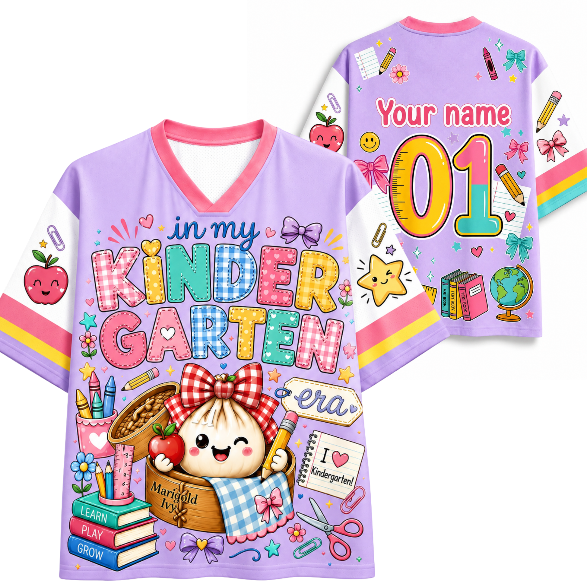 A light purple kids' V-neck T-shirt shown from both front and back. The front features colorful playful text reading 'in my KINDER GARTEN era' with cartoon illustrations including a smiling dumpling character, books, scissors, stars, and apples.