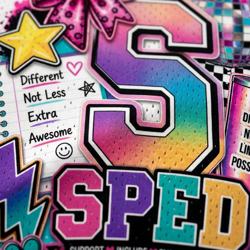 A close-up of a colorful decorative graphic featuring a large stylized number 5 layered over the word 'SPED' in bright gradient letters, with school-themed doodles and text including 'Different Not Less Extra Awesome' and 'SUPPORT ME INCLUDE ME'.