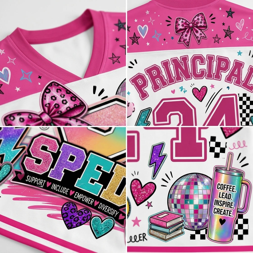 A four-panel collage showing a pink and white graphic t-shirt design with bows, stars, the word 'PRINCIPAL', the number '24', colorful 'SPEECH' lettering, hearts, lightning bolts, books, a disco ball, and a coffee mug with the phrase 'COFFEE. LEAD.