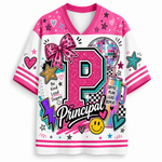 A white and pink V-neck athletic-style graphic T-shirt with a large glittery pink letter 'P', the word 'Principal' in script, stars, hearts, a disco ball, a smiley face, and other colorful school-themed doodles on a plain white background.