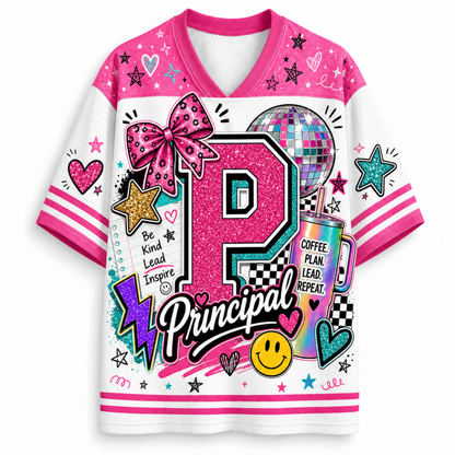 A white and pink V-neck athletic-style graphic T-shirt with a large glittery pink letter 'P', the word 'Principal' in script, stars, hearts, a disco ball, a smiley face, and other colorful school-themed doodles on a plain white background.